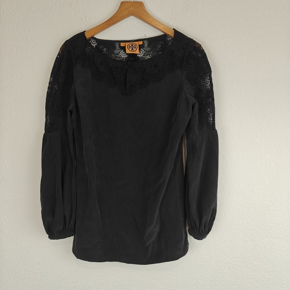 Tory Burch Black Silk Lantern Sleeve Blouse | Lace Neckline Romantic Boho Top 6